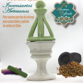 Incensario Cerámico Vidriado Blanco y Verde Claro