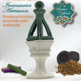 Incensario Cerámico Vidriado Blanco y Verde Oscuro