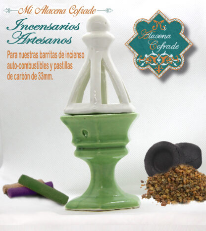Incensario Cerámico Vidriado Verde Claro y Blanco