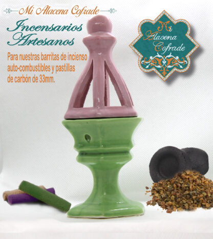 Incensario Cerámico Vidriado Verde Claro y Rosa