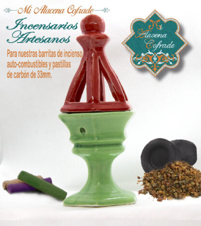 Incensario Cerámico Vidriado Verde Claro y Rojo