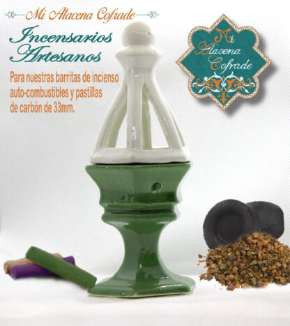 Incensario Cerámico Vidriado Verde y Blanco