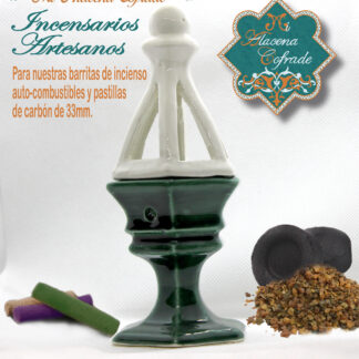 Incensario Cerámico Vidriado Verde Oscuro y Blanco