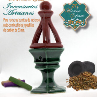 Incensario Cerámico Vidriado Verde Oscuro y Burdeos