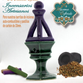 Incensario Cerámico Vidriado Verde Oscuro y Morado