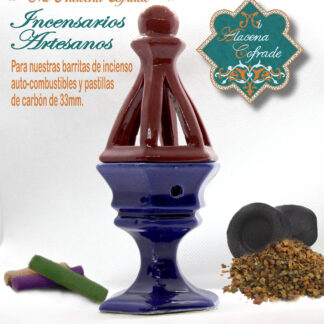 Incensario Cerámico Vidriado Azul y Burdeos