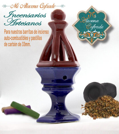 Incensario Cerámico Vidriado Azul y Burdeos