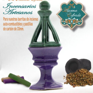 Incensario Cerámico Vidriado Morado y Verde Oscuro