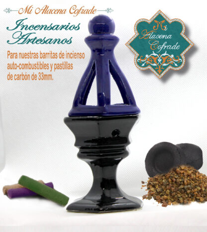 Incensario Cerámico Vidriado Negro y Azul