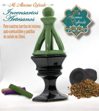 Incensario Cerámico Vidriado Negro y Verde