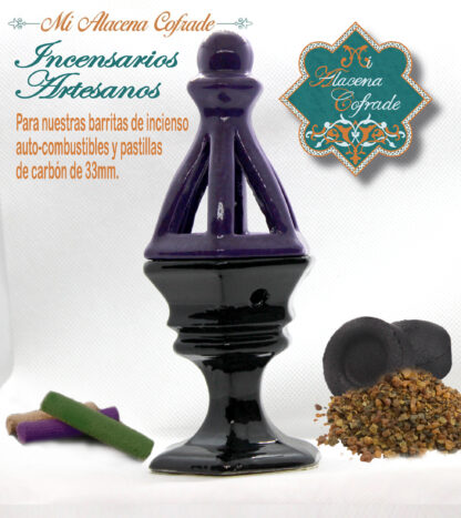 Incensario Cerámico Vidriado Negro y Morado
