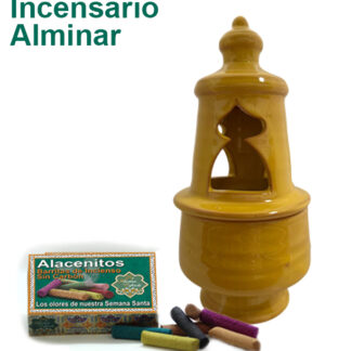 Incensario de barro Alminar Vidriado color Amarillo y caja de Surtido