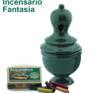 Incensario de barro Fantasía Vidriado color Verde Oliva y caja de Surtido