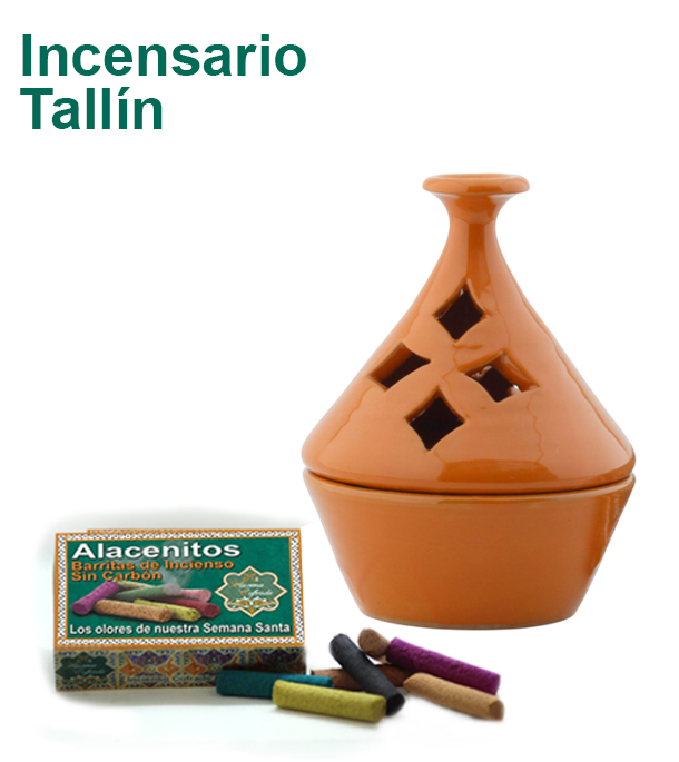 Mi Nazarenito, Cuerpo Burdeos y elige el color del Capirote Incensario de Barro Tallín Vidriado Color Naranja y Caja de Surtido